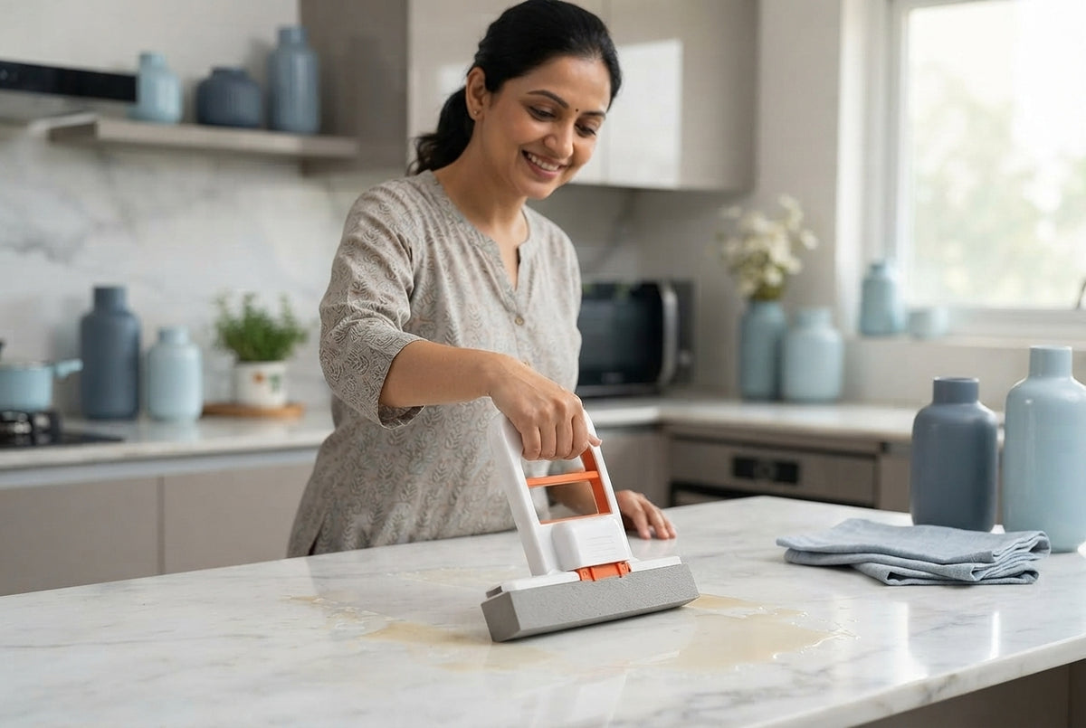A woman cleaning a kitchen counter with a portable mini sponge mop in a bright, modern kitchen.