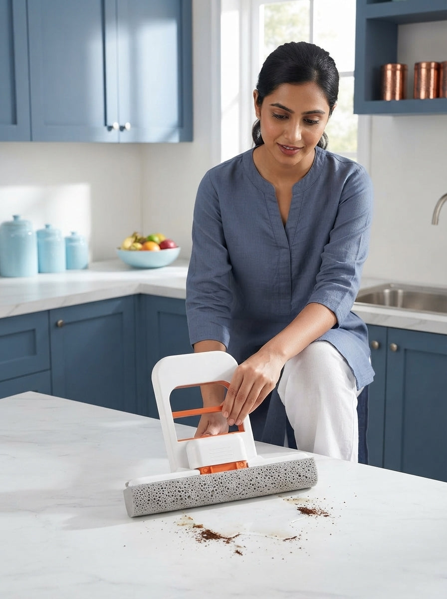 A South Asian woman cleaning a small spill on a kitchen counter with a portable self-squeeze mini mop.